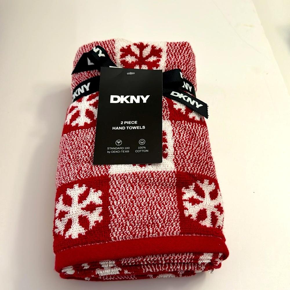 2pc DKNY  Holiday Motif Hand Towel Set - Red Buff - Snowflake - 100% Cotton
